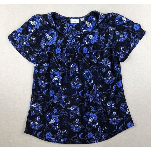 KIM ROGERS - WOMEN'S BLUE FLORAL PRINT SHORT SLEEVE STRETCH KNIT TOP - SIZE PM - Picture 2 of 7